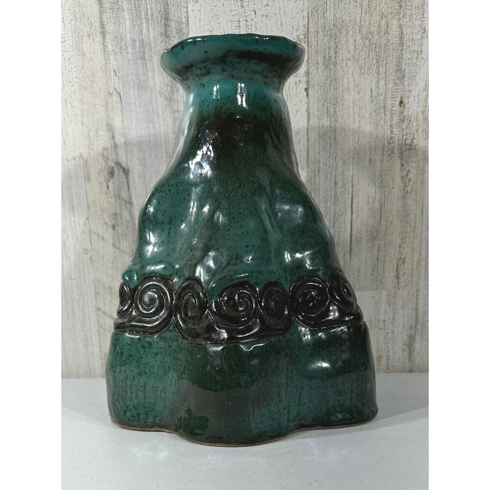 Studio Art Pottery Vase Teal Green‎ Charcoal Gray Black Abstract Swirl Unsigned